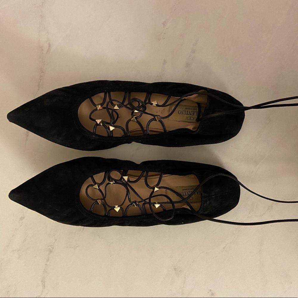 Valentino Garavani Black Suede Studded Lace-Up Flats, EU Size 39, US Size 8.5
